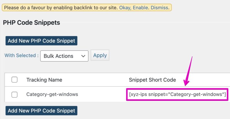 Insert PHP Code Snippet